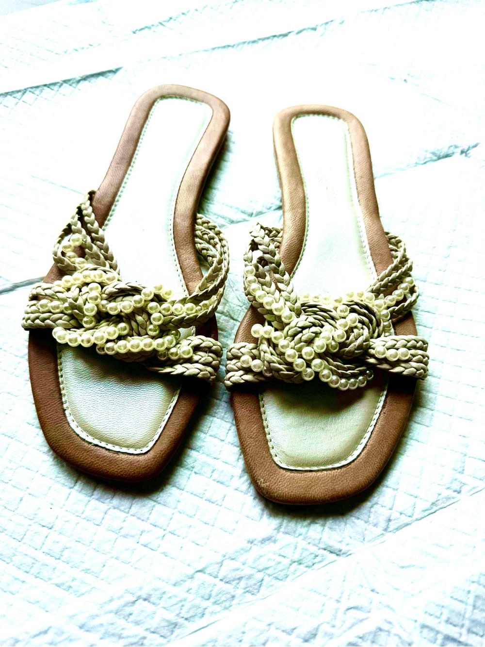 Andre Assous Cream Braided Slide Sandals faux pearl accent
